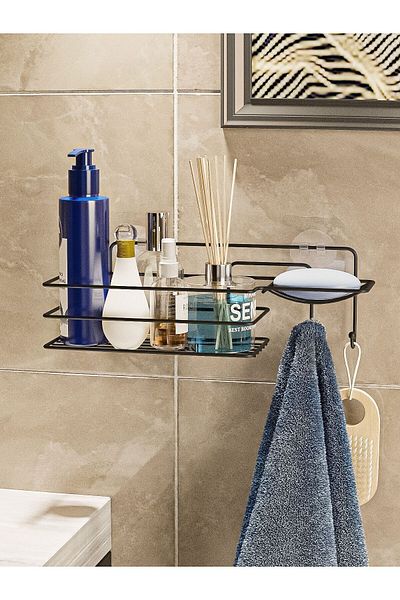 SUNTEL BANYO MUTFAK AKSESUARLARI Μαύρο ματ αυτοκόλλητο ράφι μπάνιου με γάντζο - Organizer μπάνιου με σαπουνάδα