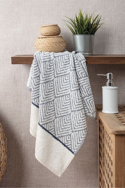 Sevim Geometric Patterned Floor Colorful Bamboo Hand Towel - 50X90 cm - Indigo