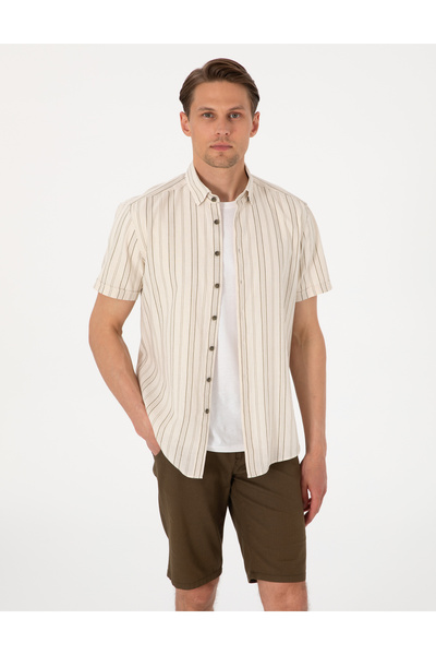 Pierre Cardin Beige Linen Blended Striped Regular Fit Short Sleeve Shirt 5030...