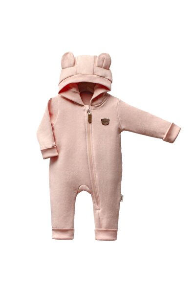 bebegen Kız Bebek Pembe Baby Ayıcık Armalı Kapüşonlu 3 İplik Fermuarlı Tulum