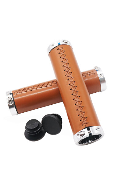 Choice مقبض دراجة بتصميم كلاسيكي بني وفضي، مصنوع يدويًا من جلد البولي يوريثان...