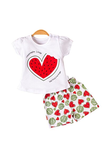 bebegen طقم شورت للفتيات الصغيرات باللونين الأبيض والأحمر - مطبوع عليه قلب ال...