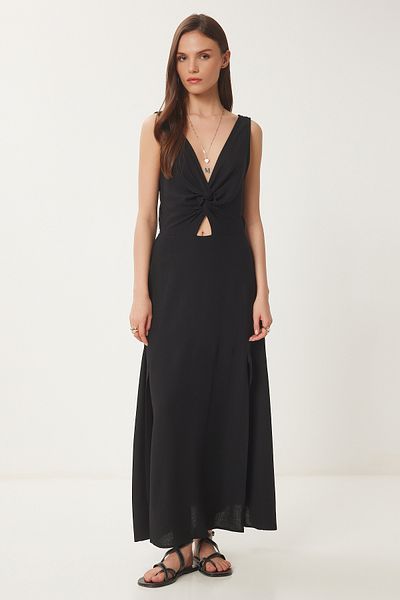 Lovelyİstanbul Rochie de vară cu noduri din in NEGRU LWF0030