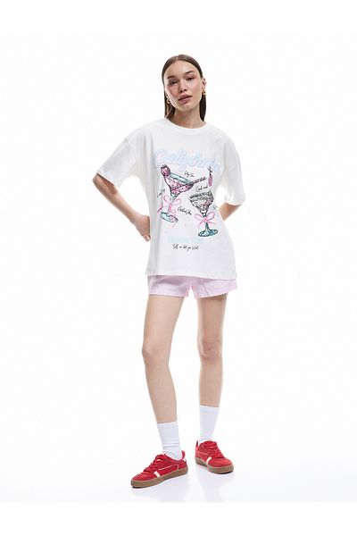 Koton Short Sleeve Crew Neck Cotton Bow Fruit Printed Oversize T-Shirt