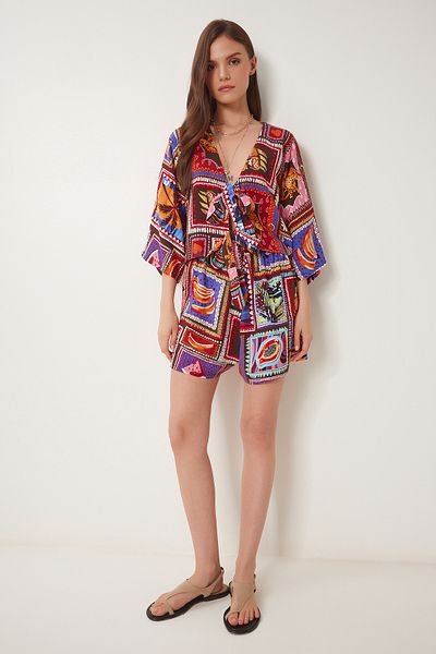 Lovelyİstanbul Patterned Summer Crop Shorts Set Tile Orange Lje0001