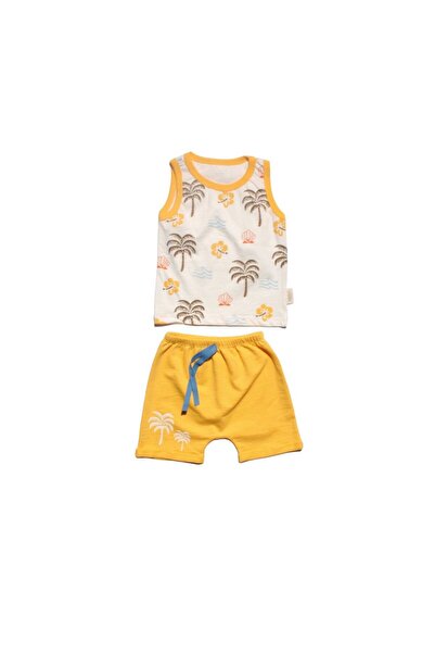 bebegen Ecru Yellow Palm Patterned Shorts Set for Baby Boy - Set of 2
