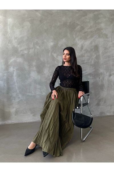 beymood Khaki Wrinkled Pocketless High Waist Women's Midi Skirt
