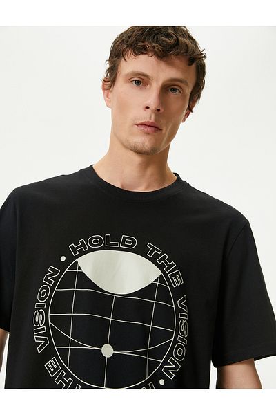Koton Σλόγκαν εμπριμέ T-Shirt με λαιμόκοψη κοντό μανίκι βαμβακερό