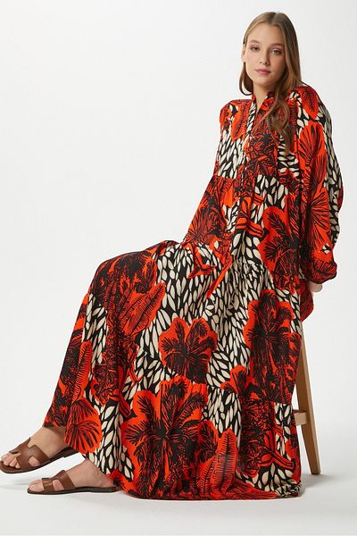 Ritnice Modest Alessi 100% Viscose Maxi Length Orange Layered Balloon Sleeve Long Summer Dress