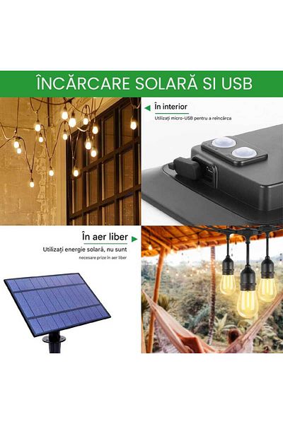 CLASSLIGHTS Ghirlandă luminoasă cu energie solară, 5 metri, 10 becuri LED cu lumină caldă incluse, ElectroAZ