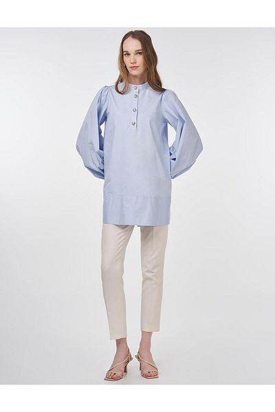 Kayra Γυαλιστερό κουμπί Poplin Tunic Blue
