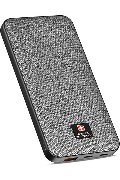 Swiss Military 10000mAh Slim Power Bank (Cable Included) -20W PD Fast Charge, USB-C/USB-A,LED,Overcharge Safe–Grey