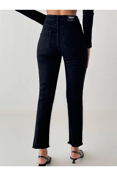 Coral Ripped Leg Detailed Denim Trousers Black