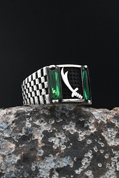 Prestige Hz. Ali Zülfikar Kılıcı Yeşil Baget Taşlı 925 Ayar Gümüş Erkek Yüzüğ...