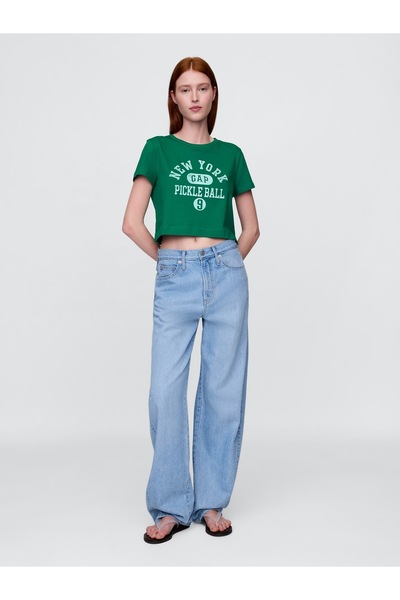 GAP Kadın Yeşil %100 Organik Pamuk VintageSoft Crop T-Shirt
