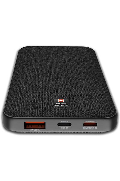 Swiss Military 10000mAh Slim Power Bank (Cable Included) -20W PD Fast Charge, USB-C/USB-A,LED,Overcharge Safe–Black