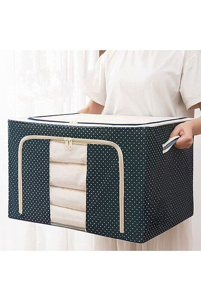 Flippy Foldable Storage Box 100 L, 60x42x40 cm Metal Frame, Plastic Base, Polka Dots, Dark Blue