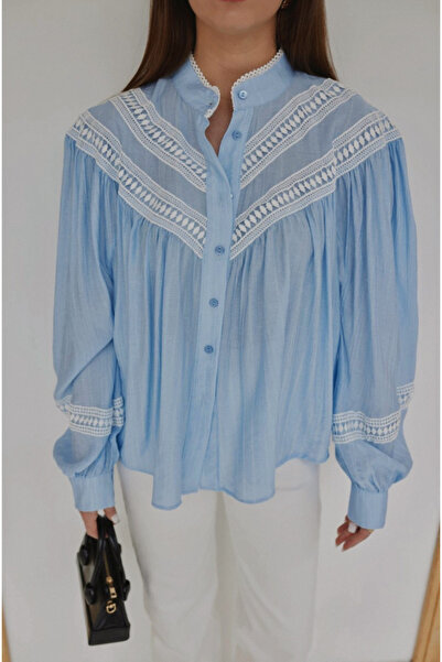 BRTC design Cămașă de damă din bumbac cu detaliu din dantelă albastră