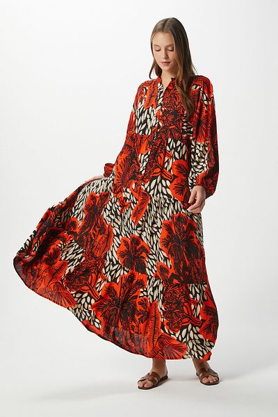 Ritnice Modest Alessi 100% Viscose Maxi Length Orange Layered Balloon Sleeve Long Summer Dress