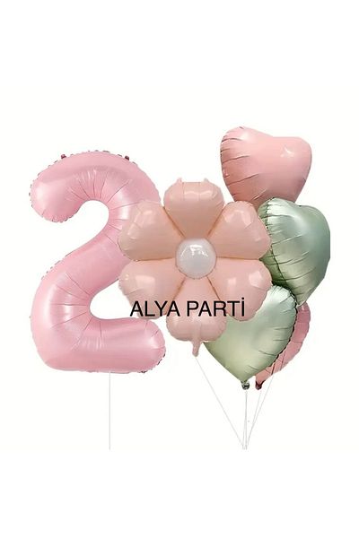 ALYA Σετ γενεθλίων με αλουμινόχαρτο με αριθμό PARTY με μπαλόνια ροζ μαργαρίτα και μπαλόνι καρδιάς