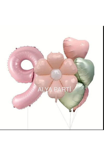 ALYA Σετ γενεθλίων με αλουμινόχαρτο με αριθμό PARTY με μπαλόνια ροζ μαργαρίτα και μπαλόνι καρδιάς