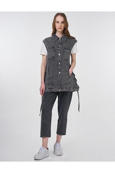 KYR Bird Eye Detailed Side Laced Denim Vest Anthracite