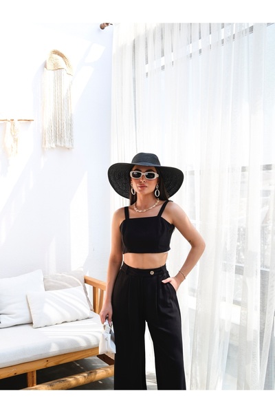 OUZ Fashion Women's Linen Gipeli Crop and Trousers Double Set