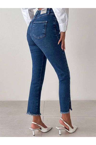Coral Ripped Leg Detailed Denim Trousers Navy Blue