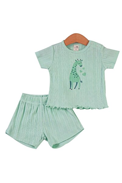 bebegen طقم شورت بناتي بطبعة زرافة خضراء - طقم مكون من قطعتين