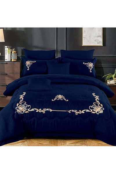 Comfy 6pc Embroidered Premium Quality Pure Cotton King Size Blue Comforter Set