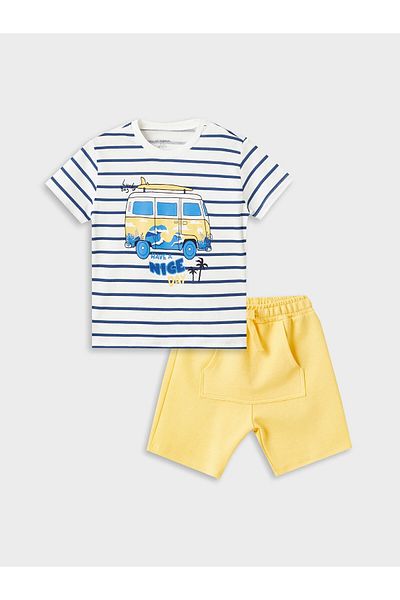 LC Waikiki Lcw Kids Ecru Crew Neck Short Sleeve Printed Baby Boy T-Shirt and Shorts Set of 2
