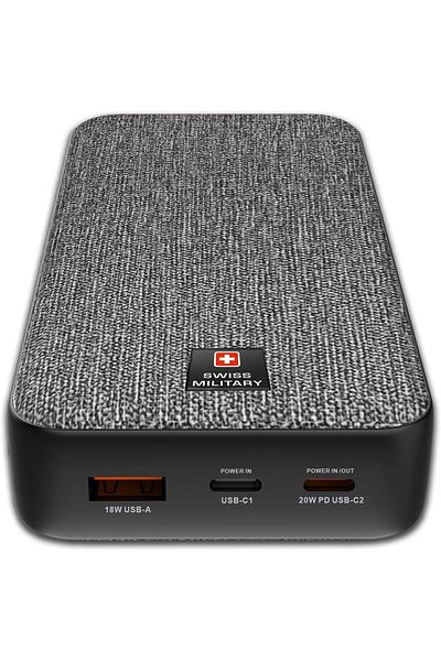 Swiss Military 20000mAh Power Bank, 20W PD Fast Charging, USB-C/USB-A, LED, Overcharge Protection – Grey