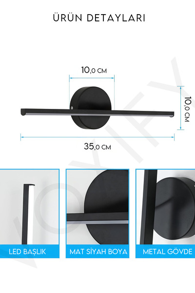 Voxify Kendinden Yapışkanlı Pilli Led Aplik Tablo Duvar Resim Ayna Duvar Lambası Kaliteli Siyah Metal Kasa