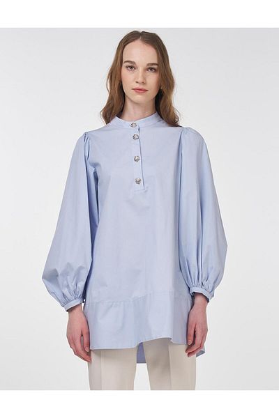 Kayra Γυαλιστερό κουμπί Poplin Tunic Blue