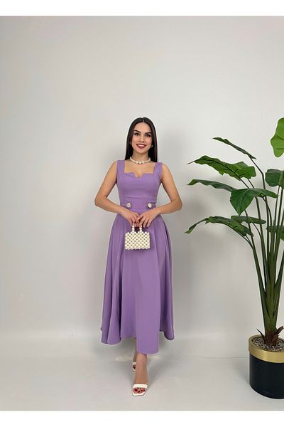GİZONLY Elegant White Midi Dress – Square Neckline and Pearl Detail