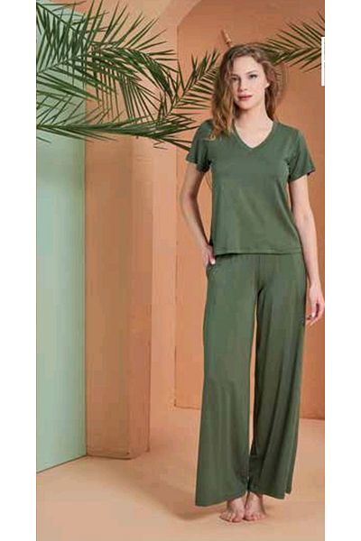 PJS Women's Summer Khaki V-Neck Pants Suit