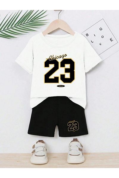 vinraus Girl\Boy White-Black 23Chicago Printed Combed Cotton Shorts-Tshirt Set