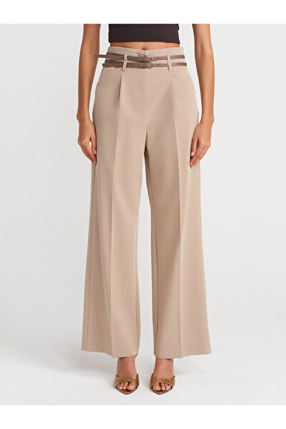 Dilvin 71617 Kemerli Yüksek Bel Pantolon-Bej
