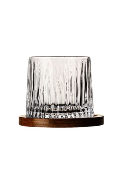 OEM Pahar pentru whisky, Glacier, cu baza din lemn, transparent, din sticla, 11 x 9.2 x 8 cm