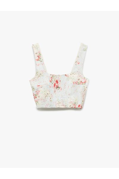 Koton Viscose Linen Blended Square Neck Gimped Thick Strap Crop Floral Blouse