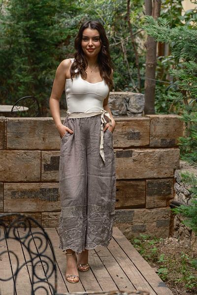 Miss Boheme Gray Color Embroidered Leg Linen Trousers with Sequin Detail