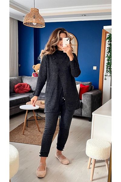 MODAVERA Women's Long Sleeve Turtleneck Front Buttoned Blouse and Trousers Yumoş Double Set