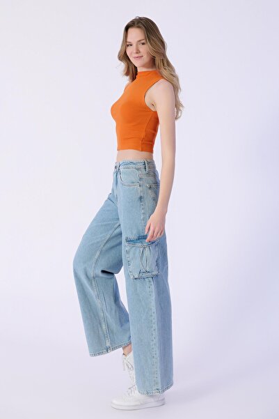 BPF Light Blue High Waist Wide Leg Trousers with Cargo Pockets