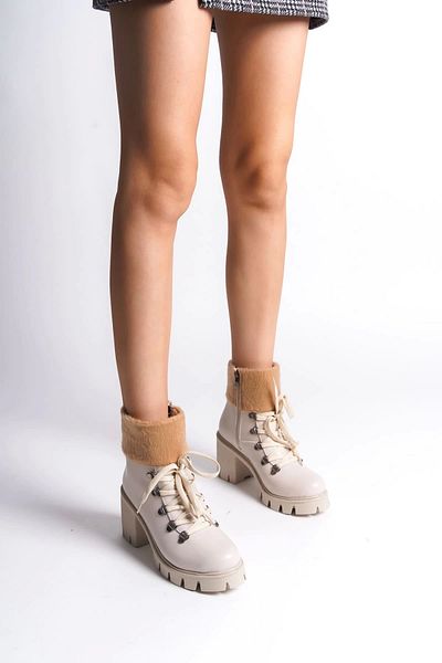BİCANS Emma Lace Up Ορθοπεδική Σόλα με φερμουάρ Γούνινο Λεπτομέρεια Γυναικείες Μπότες Kt - Κρέμα
