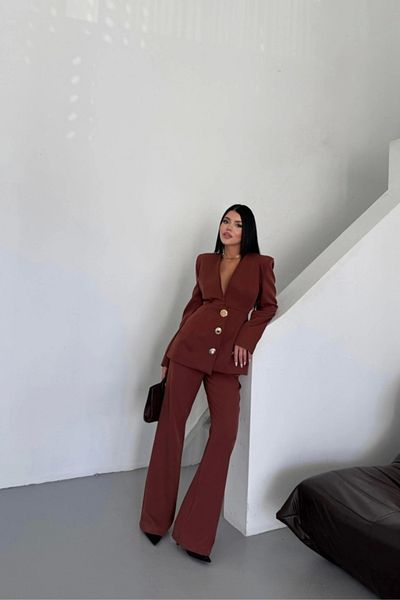Kaplan Design Jacket-Pants Suit with Metal Button Detail - Brown