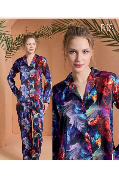 PJS Women's Patterned Boy Button Satin Pajama Set