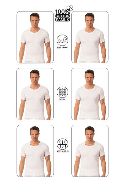 ÖZKAN underwear Özkan 0059 6 Pack Men's 100% Cotton Single Jersey Fabric Open Neck Half Sleeve Undershirt