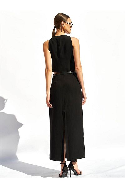 Coral Belted Skirt and Vest Set Black