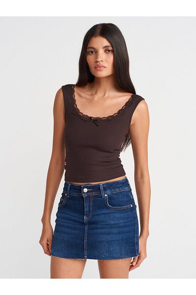 Dilvin 21035 Lace Top with Straps-Dark Brown