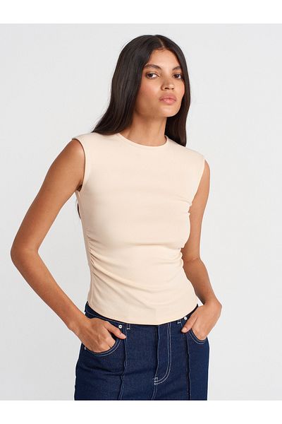 Dilvin 21054 Shirred Basic T-Shirt-Stone